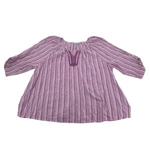 Vintage Catherines Blouse Womens 2X Pink Striped Embroidered Boho Peasant Top